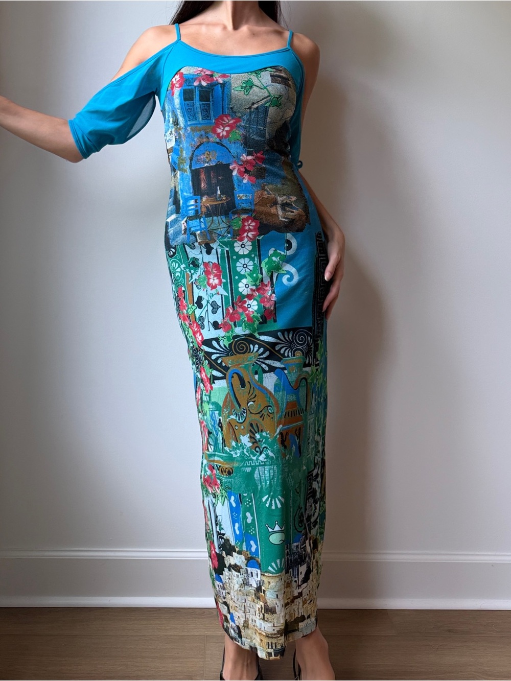 Vintage Save the Queen Maxi Mesh Dress Turquoise Santorini Print Floral Y2K M